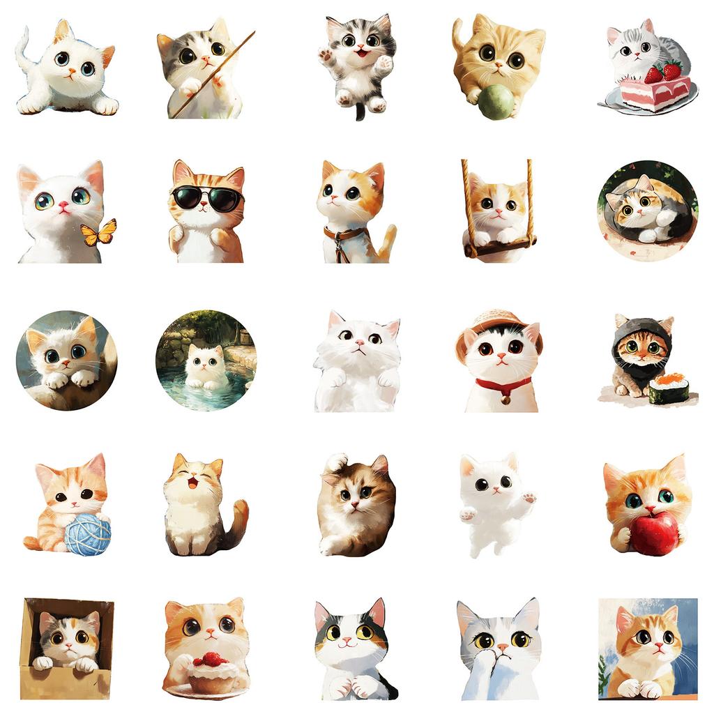 50 Oil Paintings Cat Graffiti Stickers Cute Round Face Kitten Waterproof Decorative Stickers Diy Refrigerator Skateboard Tablet