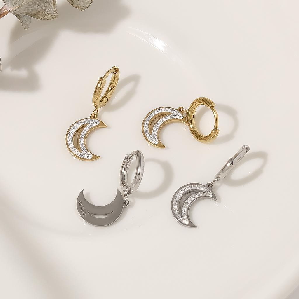 Гладкие серьги-пусеты из титановой стали с инкрустацией цирконом в виде луны, нишевые, легкая роскошь, высококлассные серьги из нержавеющей стали для женщин