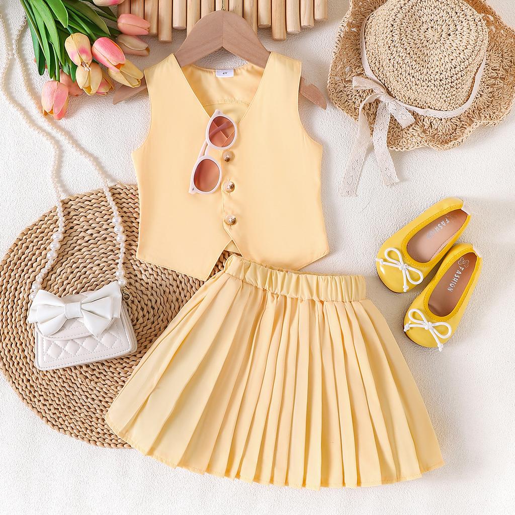 Children's Fashion Suit 2025 Summer Girls V-neck Sleeveless Coat Vest Pleated Skirt Two-piece Suit