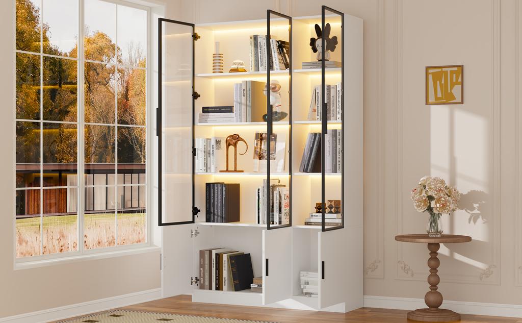 120*32*200cm Display Cabinet, Floor Display Cabinet with 6 Cabinet Doors, Tall Cabinet, Glass Display Cabinet with LED, Large Cabinet, White