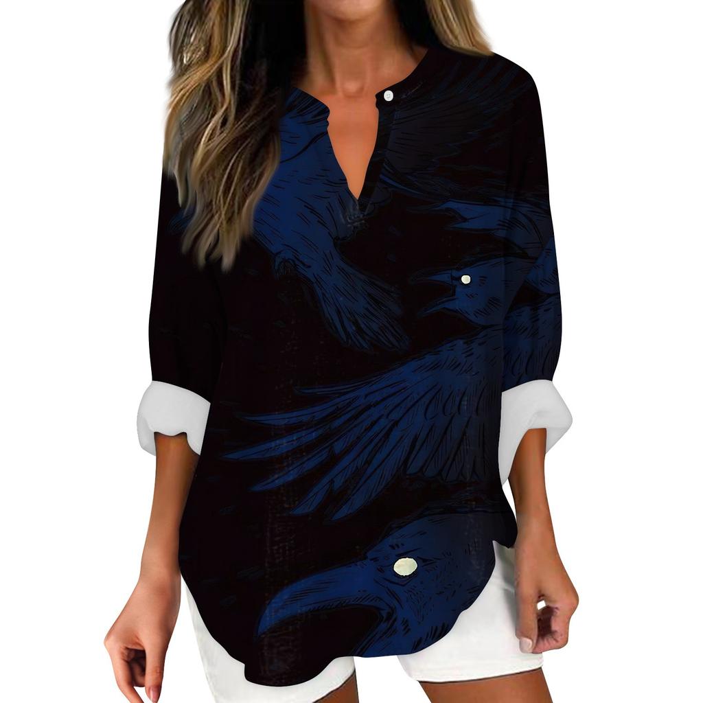 Женские модные повседневные женские топы с v-образным вырезом и длинным рукавом с принтом на Хэллоуин