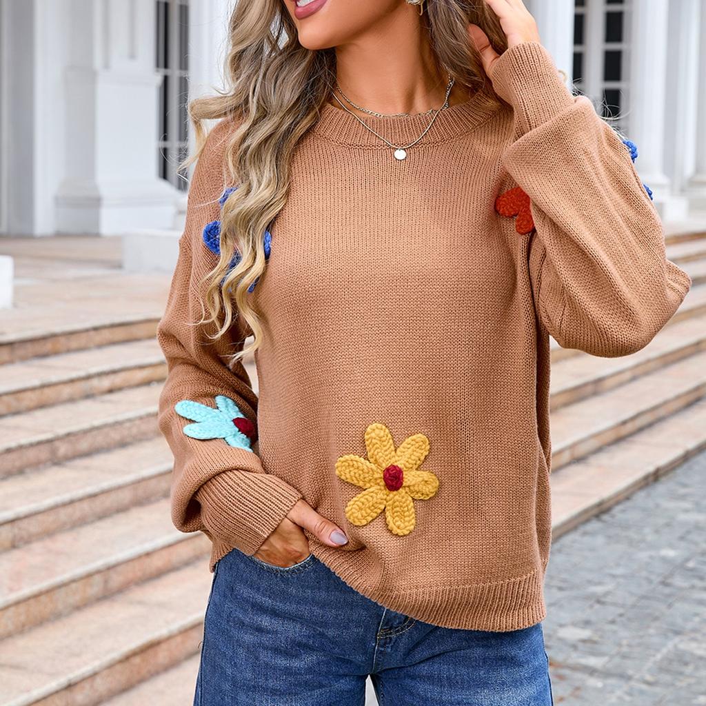 Женский повседневный модный удобный пуловер с круглым вырезом контрастного цвета с цветочным принтом и длинным рукавом уличный тренд вязаный свитер