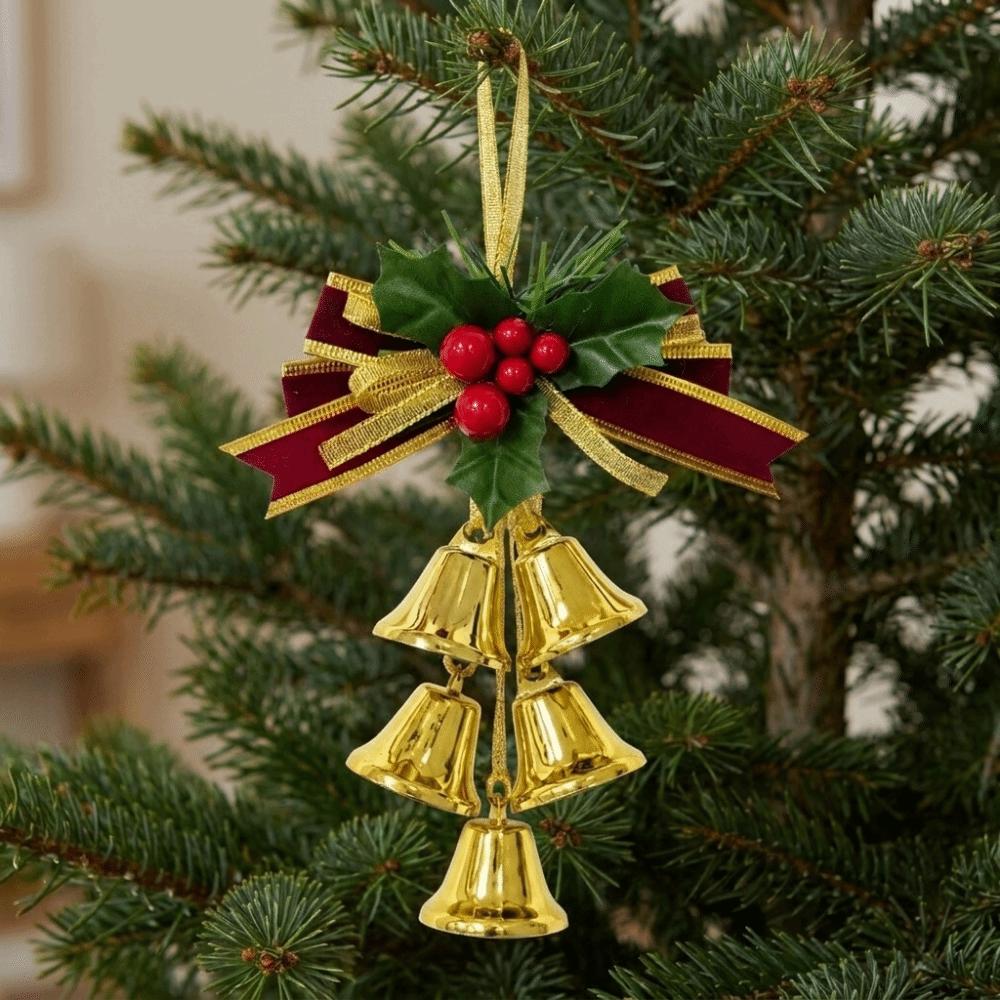 Artificial Pine Sprig Christmas Bell Pendant Velvet Bow Xmas Bow Bell Hanging Decor Front Door