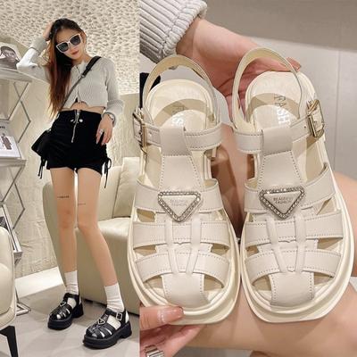 Модные римские сандалии с блестками и треугольным носком на толстой подошве, женские летние полые тканые туфли с открытым носком