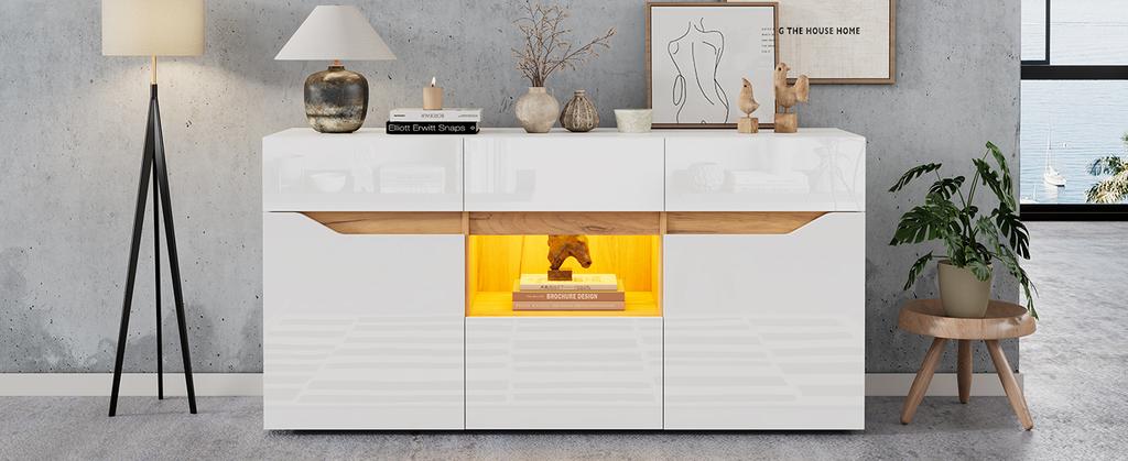140*40*70cm Living Room Sideboard With 4 Drawers, Cabinet with Two Compartments, High-Gloss Sofa Side Cabinet with LED Lighting, White + Wood Color
