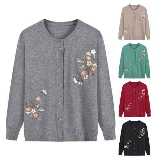 Осень-весна вязаное пальто для мам с цветочной вышивкой, однобортное, с круглым вырезом, свободный, с длинными рукавами, кардиган, эластичный