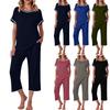 Женский комплект, однотонная пижама с коротким рукавом, капри, пижама, повседневный комплект из двух предметов
