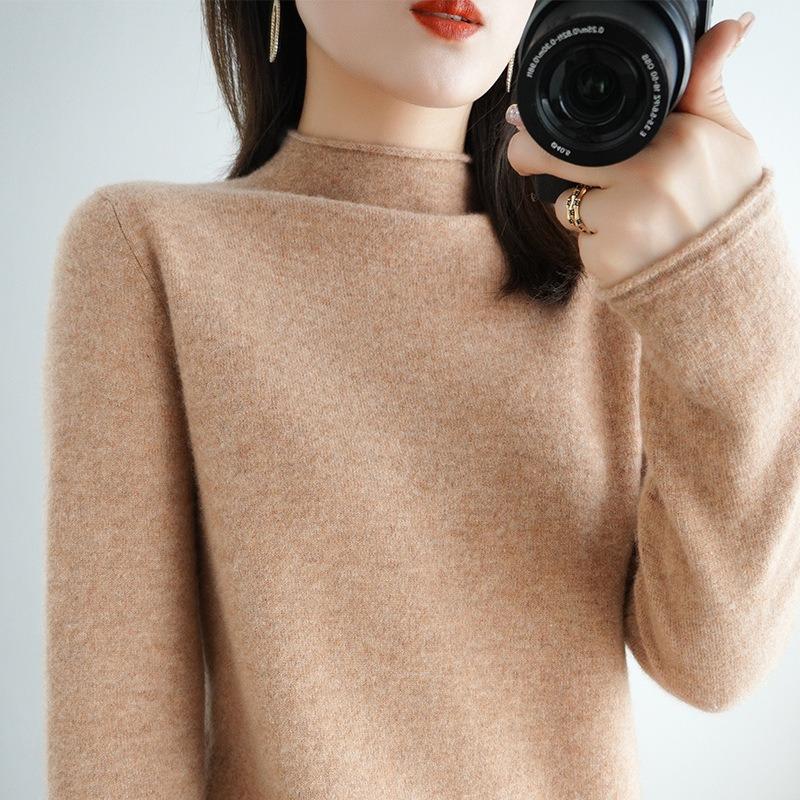 Осенне-зимний женский свитер из чистой шерсти, пуловер с полувысоким закругленным краем, свитер с длинными рукавами, тонкий трикотаж