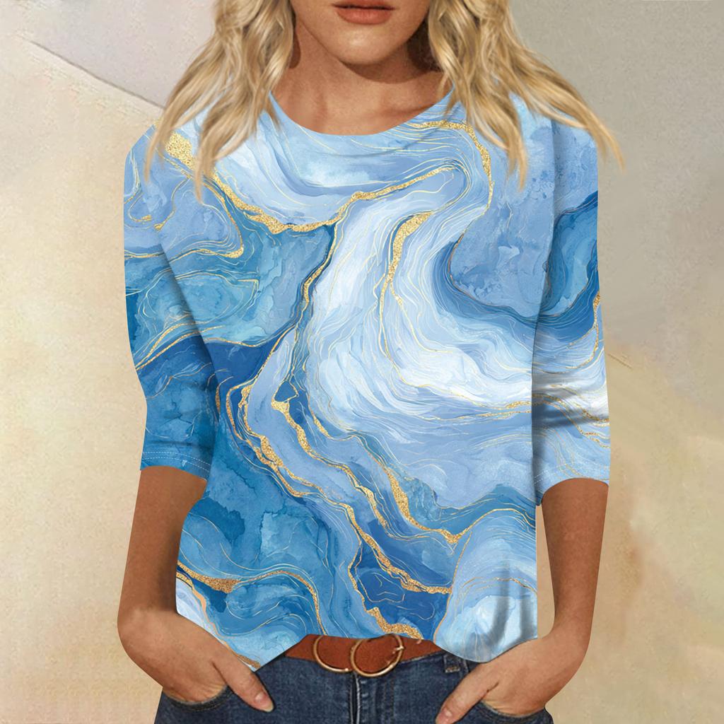 Women's Fashion Casual Round Neck Three-quarter Sleeve Gradient Print T-shirt Top