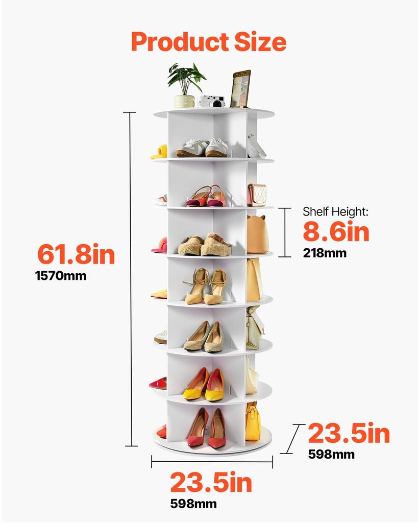 6 Tiers Rotating Shoe Rack Tower, 360° Spinning Shoe Rack, Revolving Storage Round Carousel Display, Freestanding Lazy Susan Organizer Display for