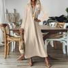 Женская мода V-образный вырез длинный рукав карман однотонный молния повседневный отпуск длинные хлопково-льняные платья