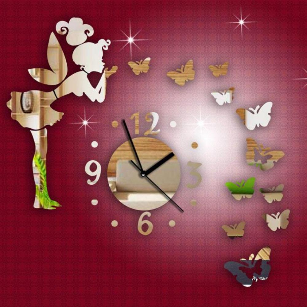 3D Mirror Wall Clock Butterfly Fairy Wall Sticker Frameless Clock Home Office Hotel Decoration
