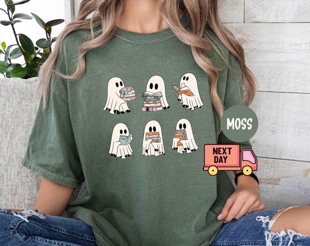 Comfort Colors® Cute Ghost Reading Book Halloween Tshirt, Ghost Reading Book Girly Shirt, Ghost Girly Halloween Gift, Trendy Halloween Gift