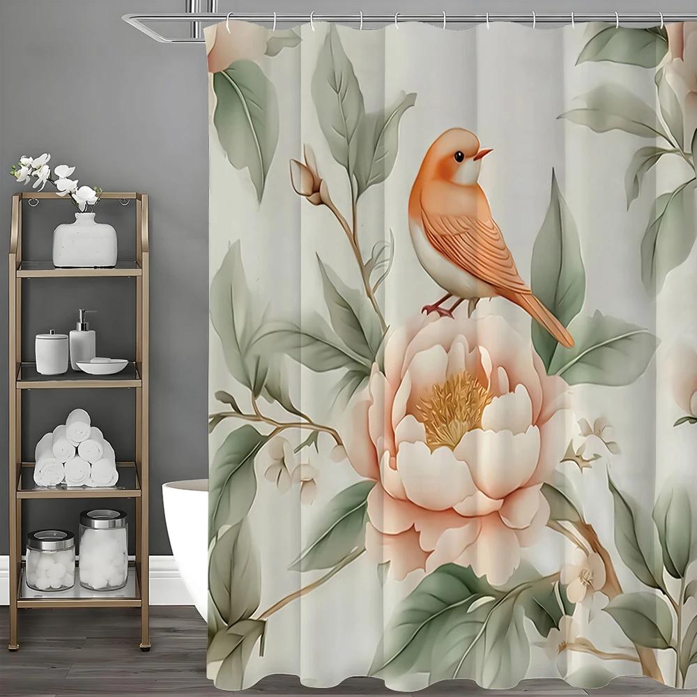 Розовая цветочная шторка для душа с пионами и птицами, Декоративная шторка для душа для ванной комнаты, Водонепроницаемая шторка для душа с крючками