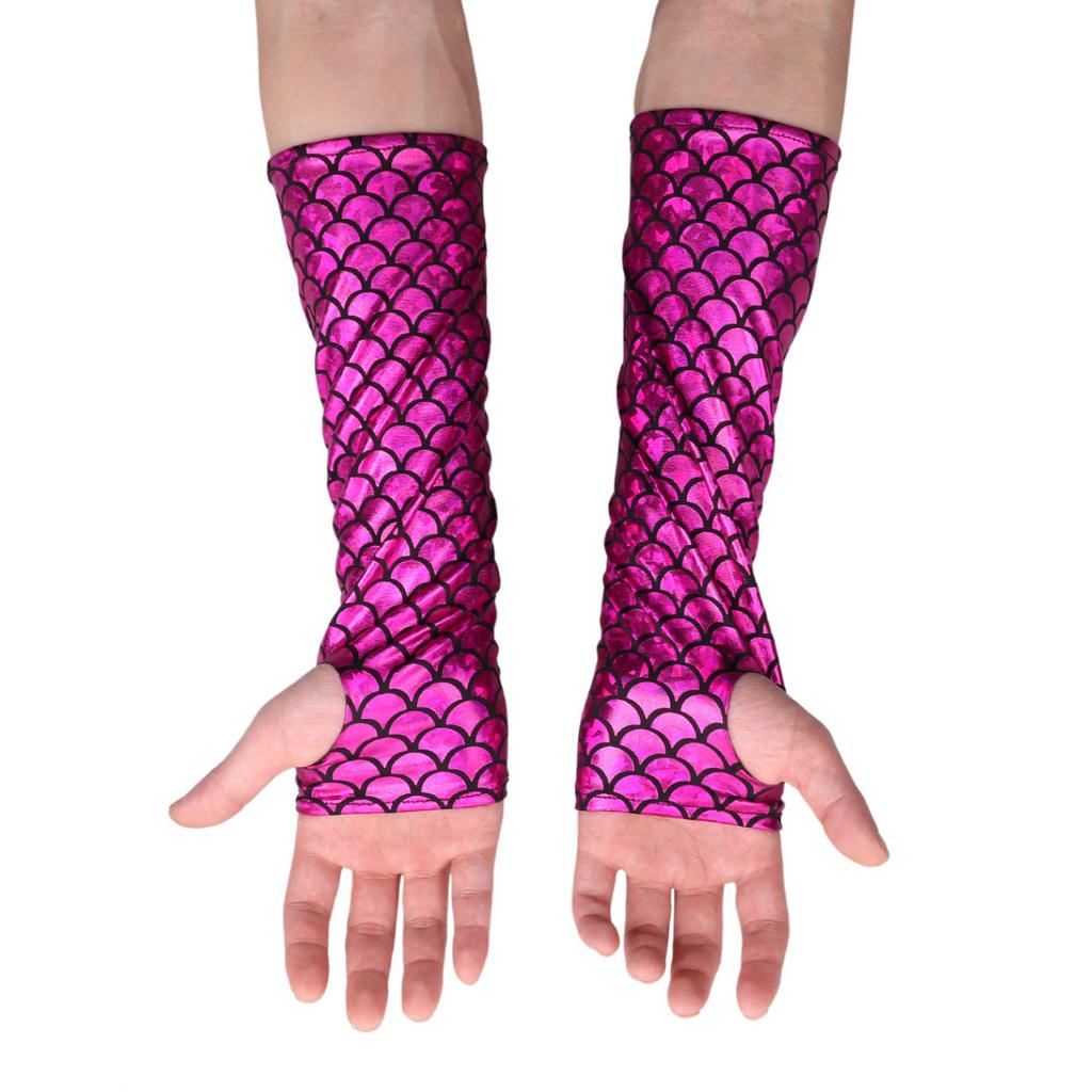 Mermaid Costume Fish Scale Pattern Printed Fingerless Long Gloves Arm Sleeves Adult Halloween Dance Club Party Cosplay Accessory
