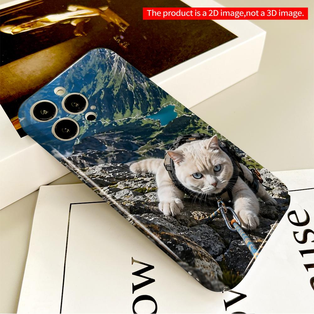 Climbing Cat with Mountain View All inclusive film hard phone case, compatible with iPhone 18 Pro Max 17 16 15 14 13 12 11