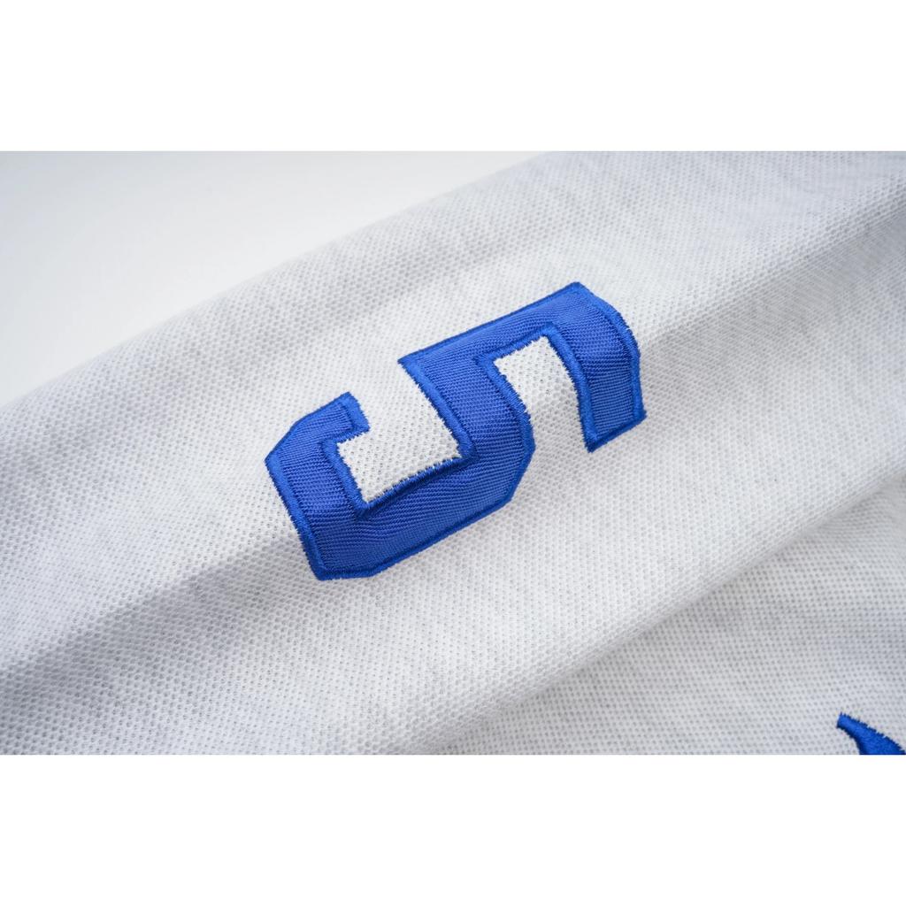 Мужская рубашка поло с длинным рукавом серого цвета с синими и желтыми акцентами, с логотипом и вышивкой «Мадрид»