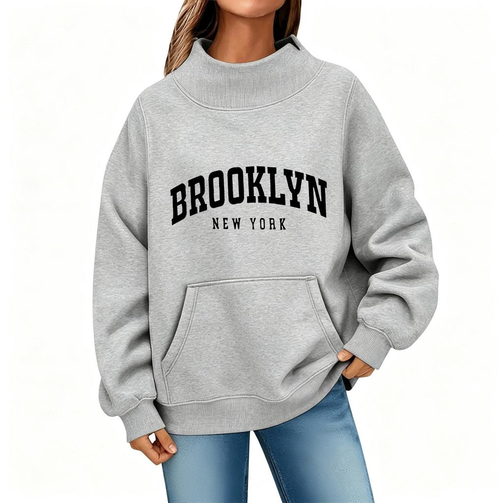 BROOKLYN printed semi-turtleneck sweater women's front shoulder kangaroo pocket long sleeve autumn and winter women's clothing