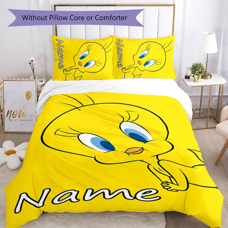 3pcs Custom Name Tweety Bedding Set Duvet Cover Closure Includes 1 Duvet Cover & 2 Pillowcases for All Seasons Bedroom Decor