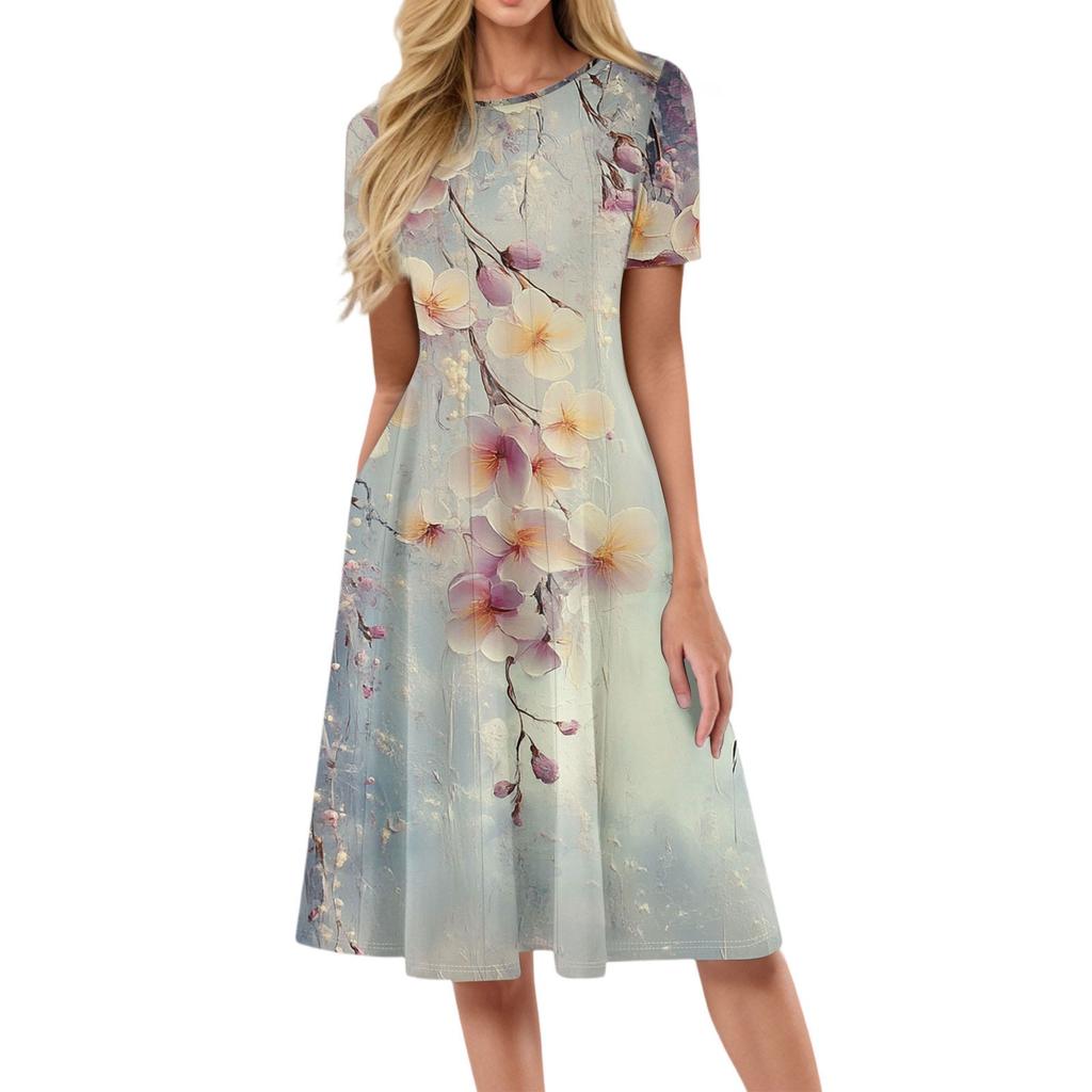 Women's Fashionable Print Round Neck Loose Short Sleeved Pocket Pullover Dress