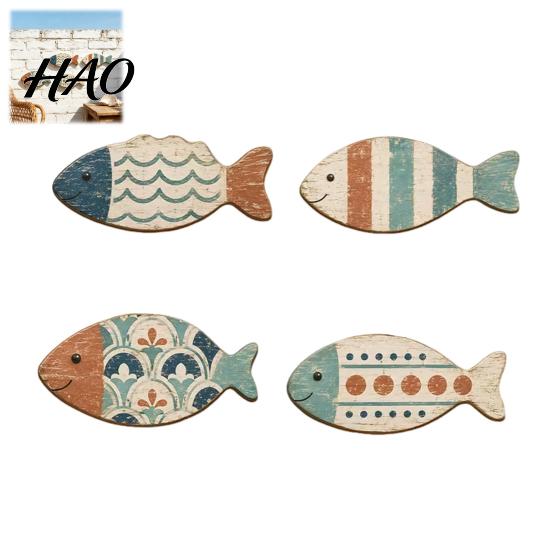 Coastal Wall Decor 4PCS Rustic Wooden Fish Decor, Mediterranean Style Hanging Plaques, Blue Bathroom Plaques And Brown Finish Nautical Seaside Art for