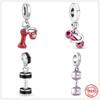 NewS925 Silver Pink Black Red Dumbbell Pendant Charm Bead For Women Fit Original  Bracelet DIY Jewelry For Girl Ball Glove
