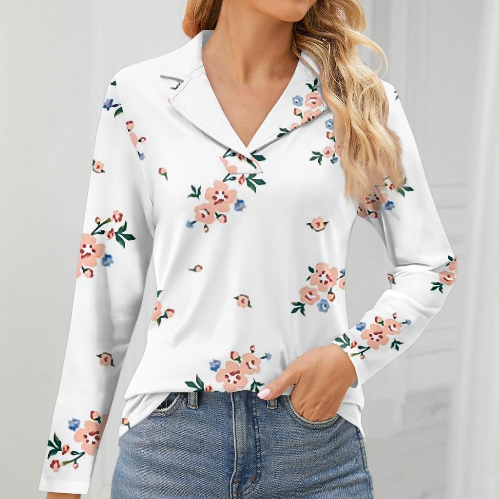 Женская мода для отдыха с длинным рукавом и V-образным вырезом с цветочным принтом