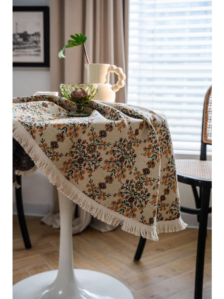 Floral Round Tablecloth with Tassels Diameter – Light Blue Polyester Jacquard Design, Decorative Lace and Fringe Detail for Dining