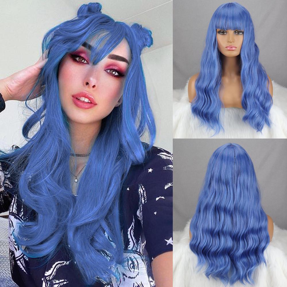 MISS WIG Grey Wig Long Wavy Wig with Bangs Synthetic Fiber Long Water Wave Wig for Women Daily Wear