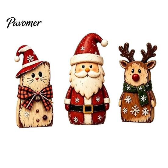 Vintage Santa Claus Elk Cat Figurines Christmas Wooden Tabletop Figurine, Hand Painted Reindeer Decor, Rustic Winter Home Holiday Ornaments