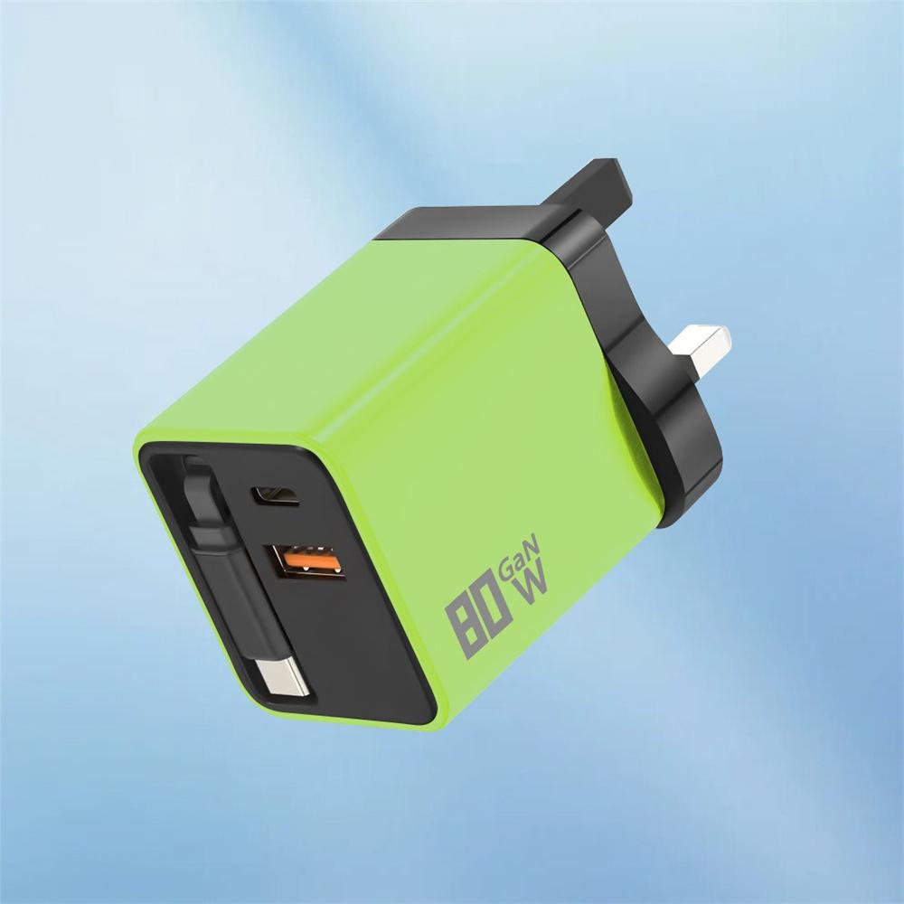 80W GaN 3 In 1 Fast Phone Charger With Retractable Type-C Cable Power Adapter for iPhone 16 15 Pro max Xiaomi 17 Huawei Samsung