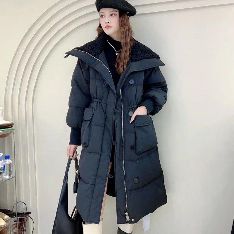 European station lamb wool large lapel cotton clothes women's winter year loose medium and long white duck down thickened coat