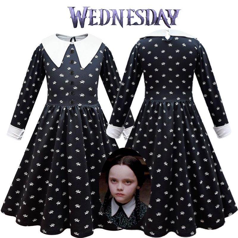 Платье Уэнсдей Аддамс Парик Косплей Костюм Для Девочки Ребенка Хэллоуин Рождество Вечеринка