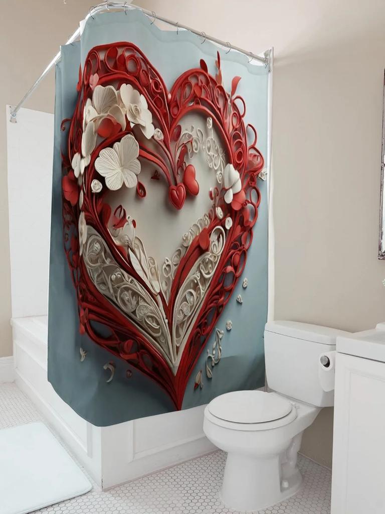 3D Красное Сердце с Цветами Занавеска для Душа | Романтичный и Элегантный Декор для Ванной