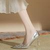 H383-2 Patent Leather Metal Surface High Heels Women's Pointed Toe Thin Heels Women's Shoes Big Rhinestone Buckle Ornament Temperament Celebrity