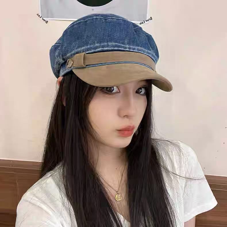 Denim Flat Top Newsboy Hat Women's Suede Color Block Retro Octagonal Hat Versatile Beret Painter Hat
