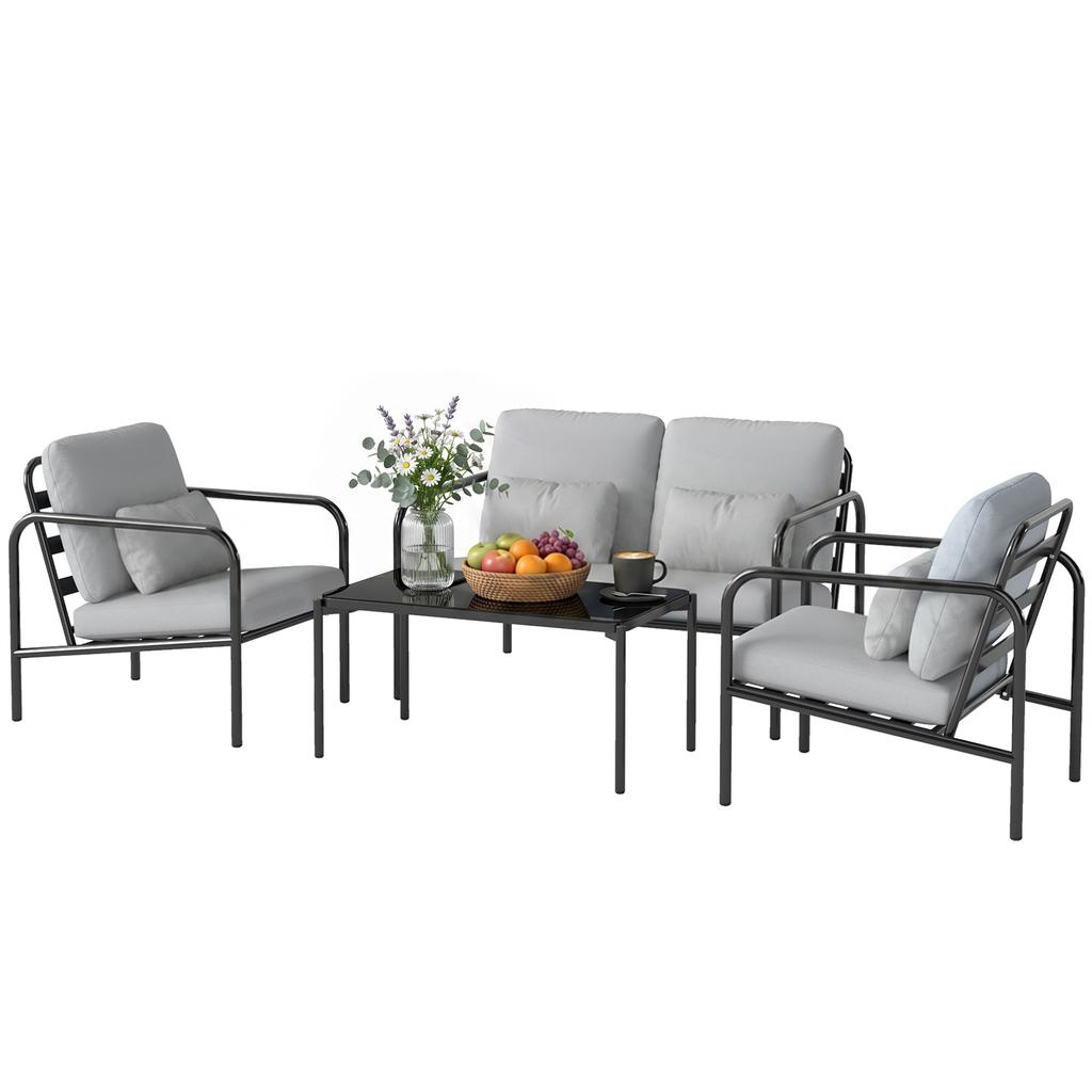 4 Piece Outdoor Garden Furniture Set In Steel With 2 Seater Sofa 2 Armchairs And Coffee Table Light Gray