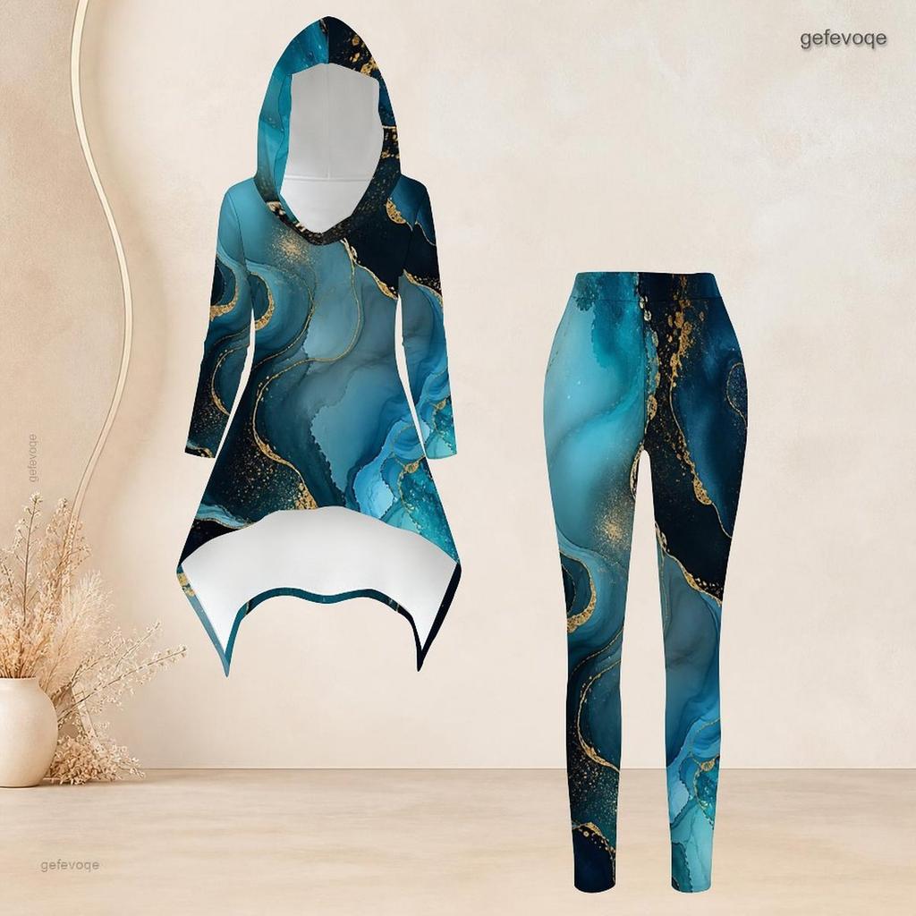 Women Plus Size Black Gold Printed Hooded Long Sleeve High Low Top Fitted Pants Two Piece Set