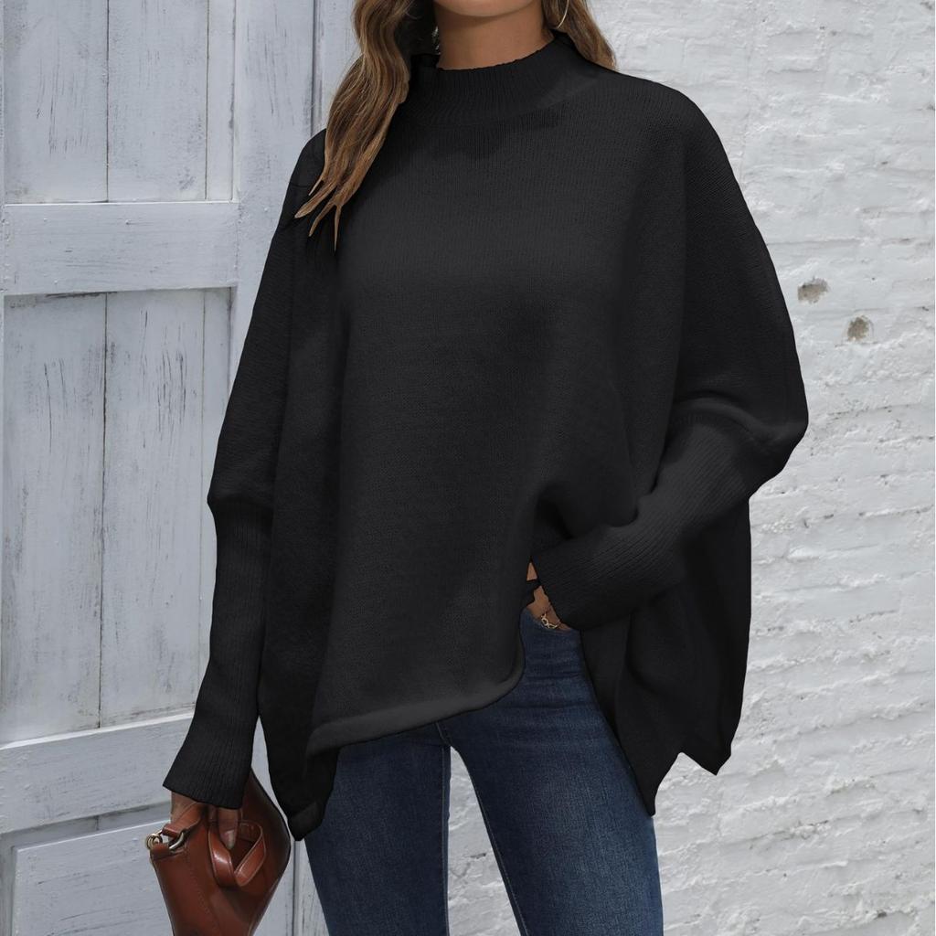 Women's Pullover Autumn and Winter Loose Split Bat Sleeve Half High Neck Sweater