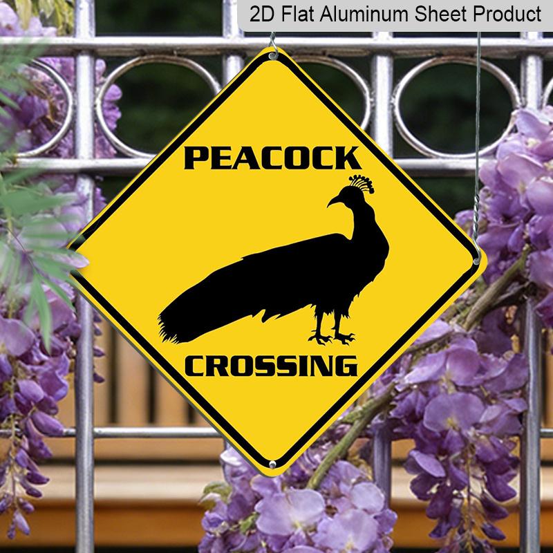 2D Flat 1pc, Funny Peacock Crossing Sign - Heavy-Duty Iron Metal Plaque with Peacock & Rooster Design Suitable for Indoor/Outdoor Use - Farmhouse