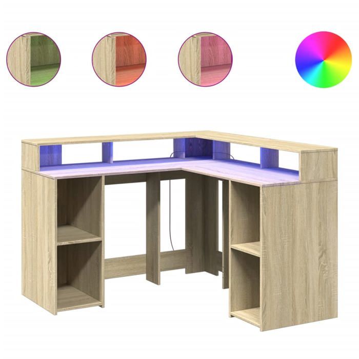VidaXL Bureau avec lumières LED chêne sonoma bois d'ingénierie, bureau d'ordinateur, bureau d'écriture, meuble de bureau à 3309449