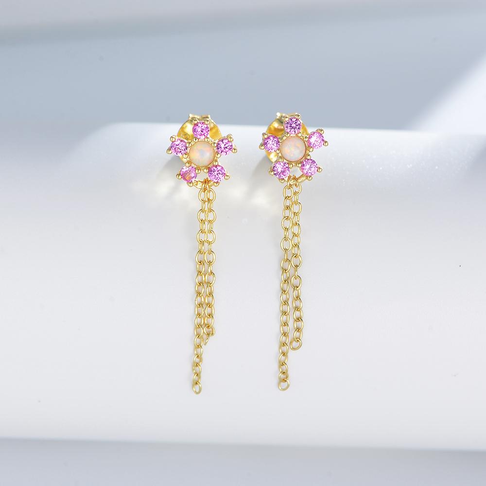 Fashion Dainty 925 Serling Silver Plant Jewelry 14K Gold Plated Cubic ZirCOn Flower Chain Tassel Stud Earrings for Women