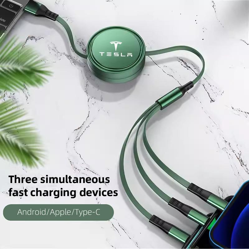 TKVLN1 100W USB To Type-C Micro Lightning 3-in-1 Car Fast Charger Cable For Tesla Model 3 Model S Model X Model Y Cybertruck Roadster