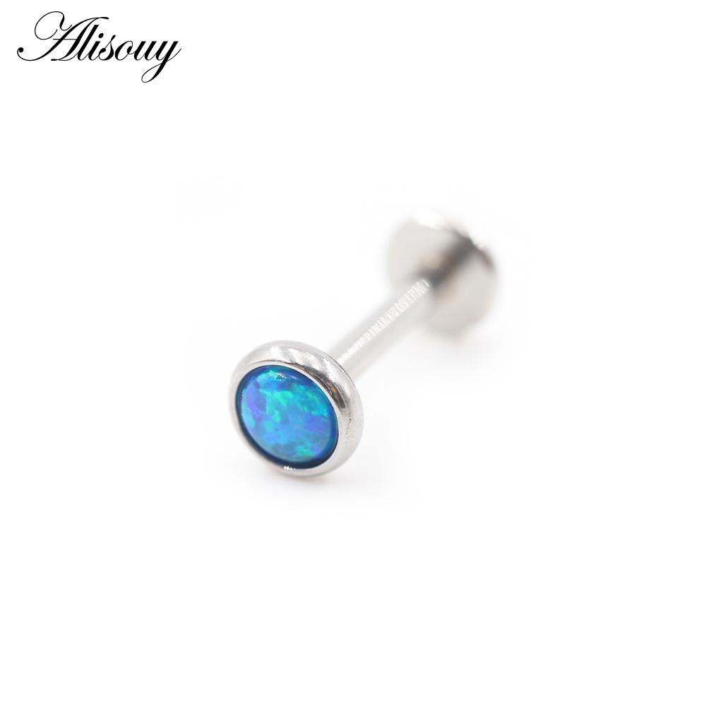 Alisouy 1PC Stainless Steel Opal Stone Labret Lip Tongue Rings Ear Tragus Helix Cartilage Stud Earrings Piercing Body Jewelry