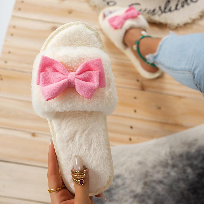 Модные милые плюшевые тапочки с бантом для женщин, зимние, противоскользящая мягкая подошва, домашние хлопковые шлепанцы, женские, из искусственного меха, теплые домашние тапочки