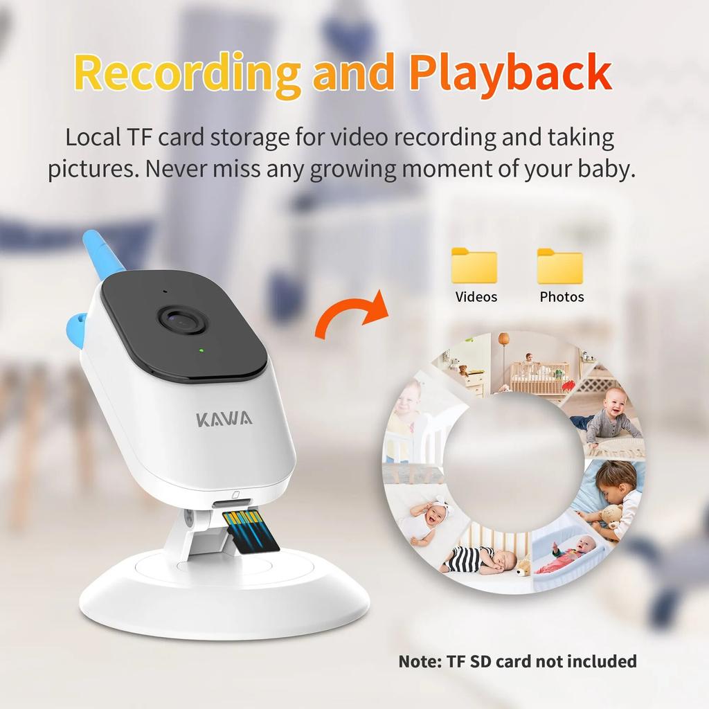 Детская камера с монитором KAWA 2K HD Электронная камера наблюдения за ребенком Видео высокого разрешения с 4-кратным зумом Монитор с записью на TF-карту