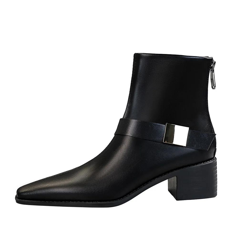 Bigtree Spring Pointed Toe Square High Heels Women Ankle Boots Design Style Fold Belt Buckle Short Booties Shoes Platform Boots