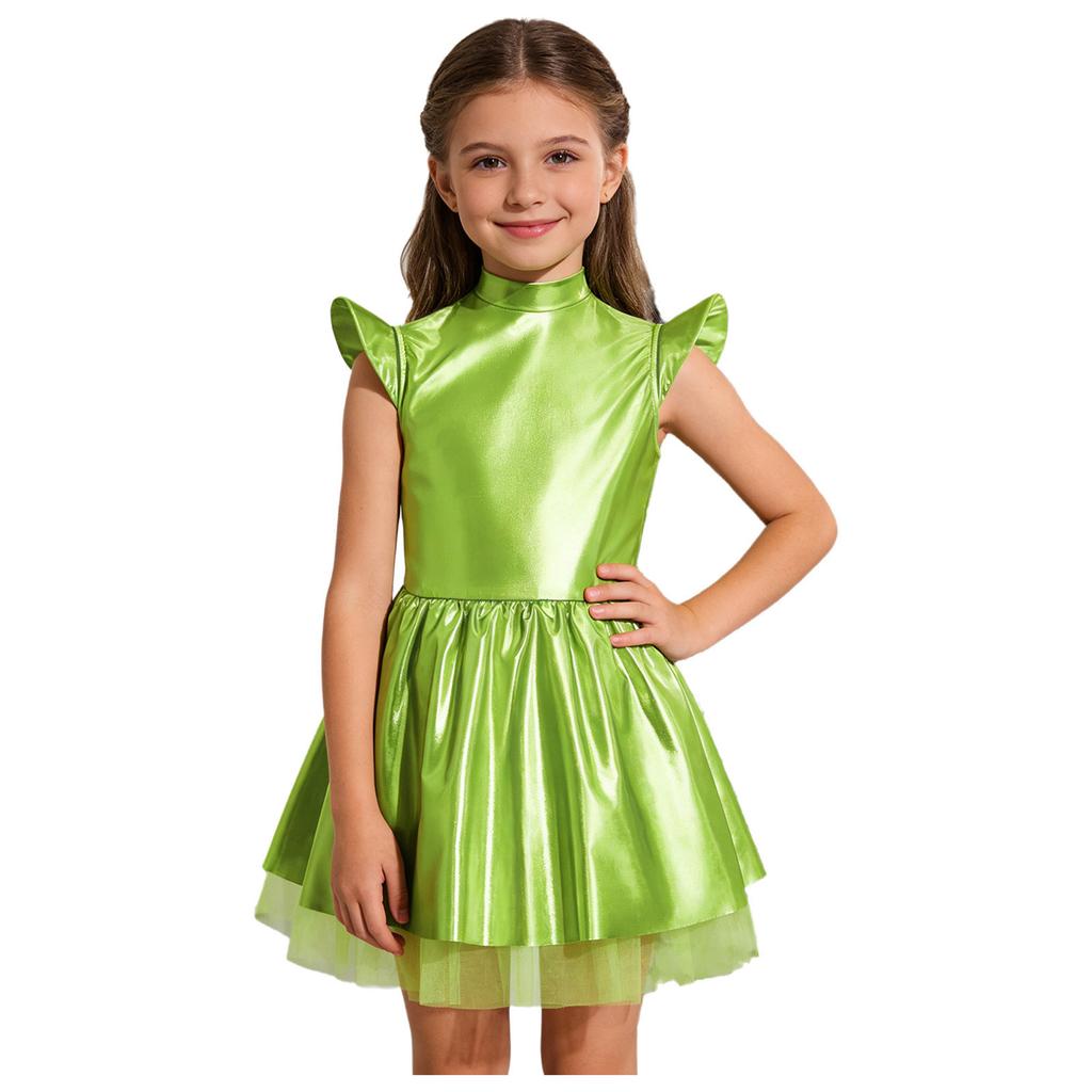Переливающееся инопланетное платье-пачка для девочек, Блестящий костюм с воротником-стойкой, летящими рукавами и молнией на спине, Для сценических выступлений и вечеринок