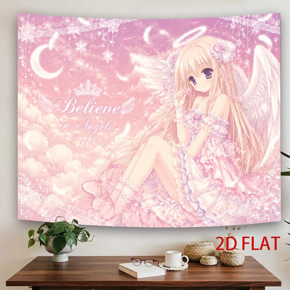 Розовая Kawaii Аниме Ангел Девушка Гобелен Настенный Повес Верь в Ангелов Луна Звезда Облако Пастельная Мечтательная Настенная Картина для Спальни Общежития