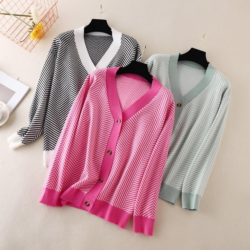 Autumn Women's Cardigan Sweater Women V-Neck Color Collision Loose Striped Sweater Jacket Long Sleeve Top